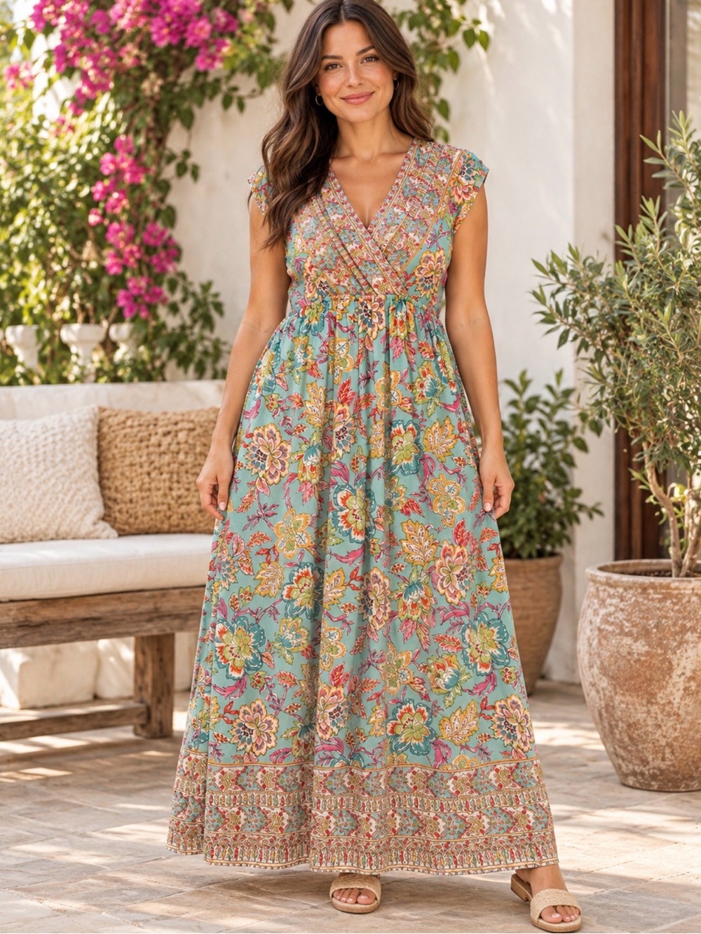 345 NWT easel Aqua Floral Wrap Maxi Dress Size Large